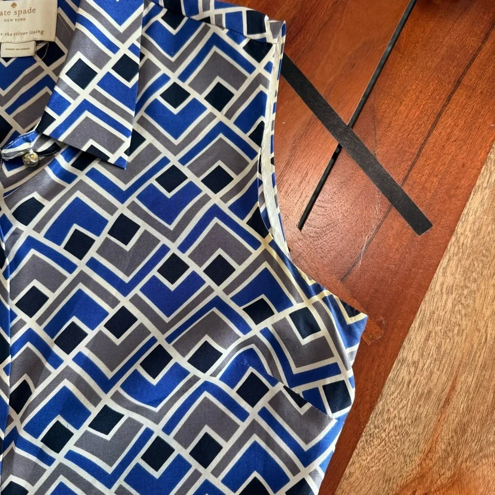 Kate Spade Lora Sleeveless Gray Blue Collared Silk Dress with Pockets